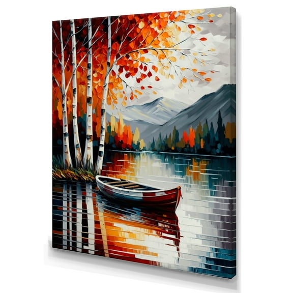 Designart Red And Orange Birch Trees By The Lake X Canvas Wall Art