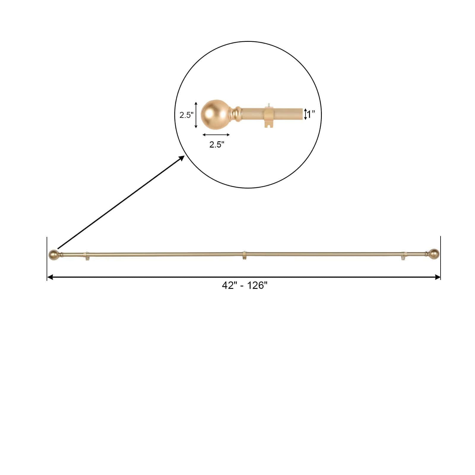 Efavormart 1 Pack of 42"-126" Adjustable Gold Curtain Rod Sets Round Finials Decorative Rod for Window Treatment Looks with Classic Finishing