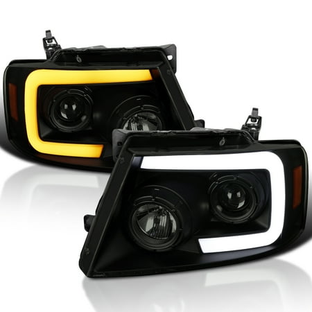 Spec-D Tuning Black Smoke Projector Headlights w/ Switchback Sequential Signal LED Tube Compatible with 2004-2008 Ford F150 2006-2008 Lincoln Mark LT Left + Right Pair Headlamps Assembly