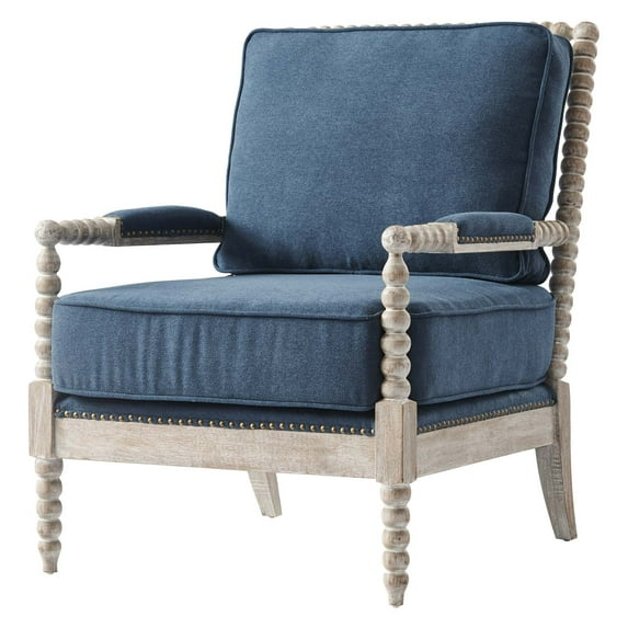 Armchair Accent Chair, Nailhead, Blue Navy Natural, Fabric, Modern Contemporary Farmhouse Coastal, Living Lounge Cafe Room Hotel Lobby Hospitality