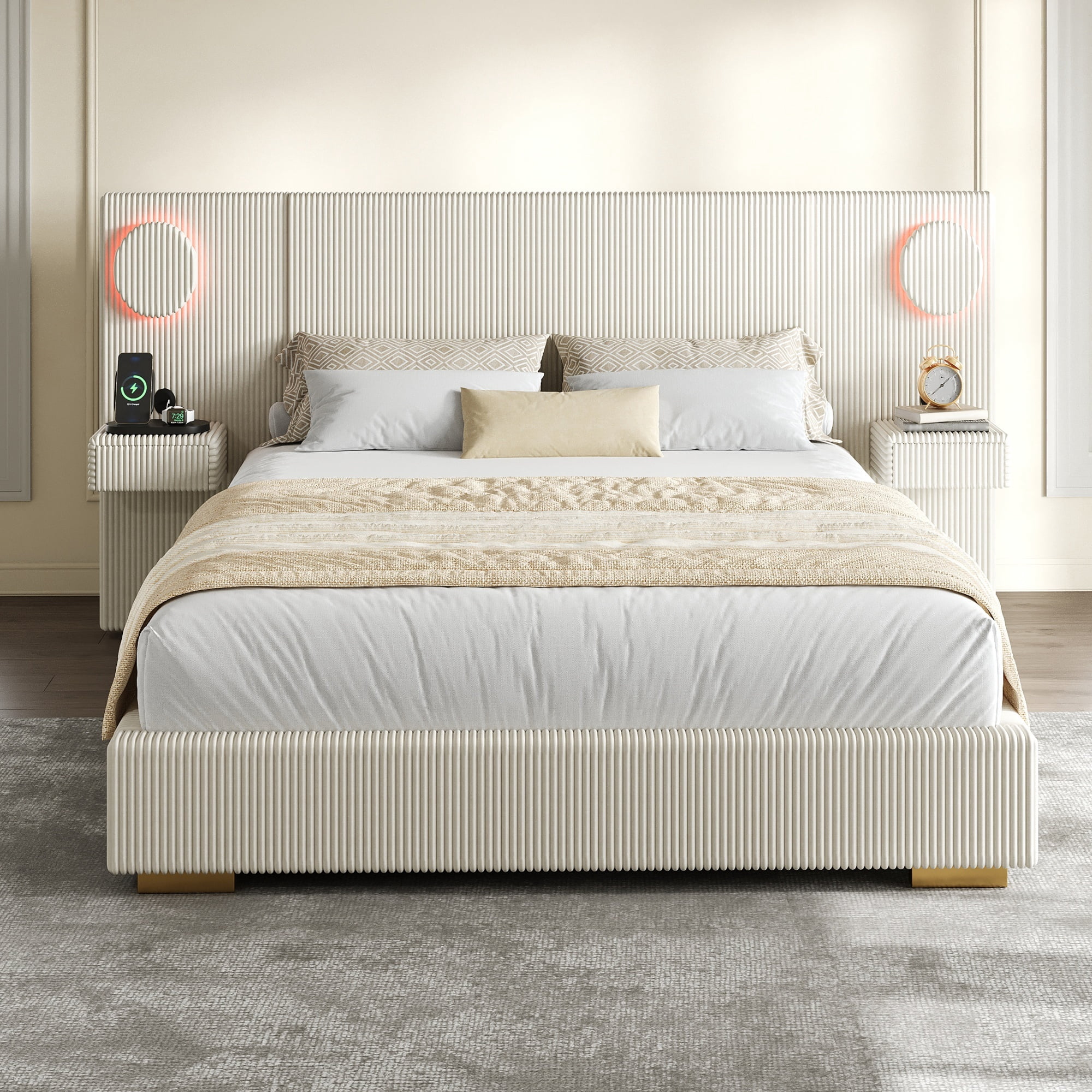 Euroco Upholstery Queen Size Platform Bed with LED Light and Drawers, High Headboard Design with Bedside Tables and USB Ports, No Box Spring Needed, Beige