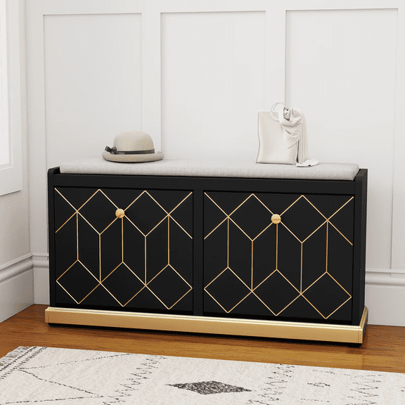 Modern Shoe Bench with Storage, Entryway Bench with 2 Flip Drawers & Padded Cushion Seat, Upholstered Shoe Rack Organizer for Hallway, Closet, Living Room