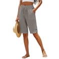 thumbnail image 5 of Bloomae Linen Bermuda Shorts for Women Lightweight Casual Button Side Slit Hem Long Shorts Above Knee Length Drawstring High Waisted Comfy Summer Shorts with Pockets, 5 of 6