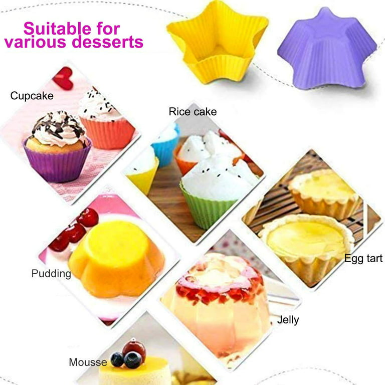 24 Packs Silicone Cupcake Mold, Resuable Non-Stick Silicone Baking Molds  for Making Cups Cake/Jelly/Egg/Chocolate/Pudding and More-Random 4 shapes  Round,Star,Heart,Rose,Square,Rectangle(Random Colors） 