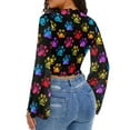 thumbnail image 3 of SCRAWLGOD Colorful Paws Women Bell Sleeve Tops Size M Casual Flare Sleeve Blouse for Party Going Out Summer 70's Flowy Long Sleeve Tops Mock Neck Tops for Ladies, 3 of 7