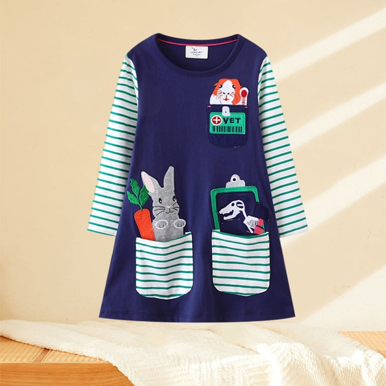 Iroinnid Toddler Girls Summer Dress Long Sleeve Dress Cotton Casual Sweet Shirt Jersey Dresses 5T, Toddler Girl's, Blue