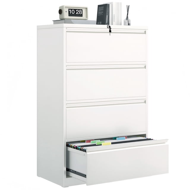 File Cabinet with 4 Drawers, Locking Metal Filing Cabinet for Home Office, Large Storage Capacity for Letter/A4 Size, Heavy Duty Steel Document Organizer, White