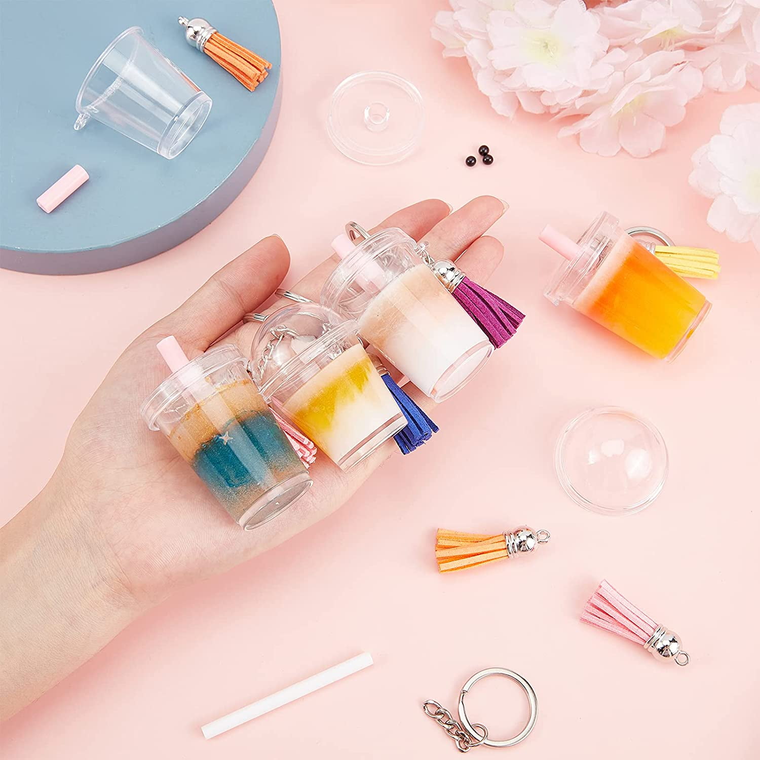  OLYCRAFT 57pcs Mini Milk Cup Keychain Kit Bubble Tea Keychain  Accessories Set Bubble Tea Keychain Kit Mini Cup Pendant Charms with Keychain  Rings Tassel Pendant for Key Chain DIY Earring Making