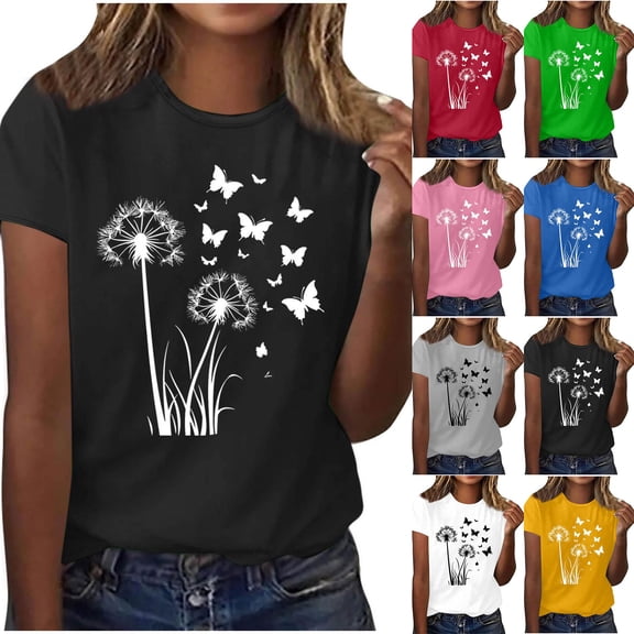 DHFJKG Women's Graphic Tee Dandelion Flower Print Round Neck Short Sleeve Loose Fit T Shirt Summer Casual Daily Wear Soft Tops
