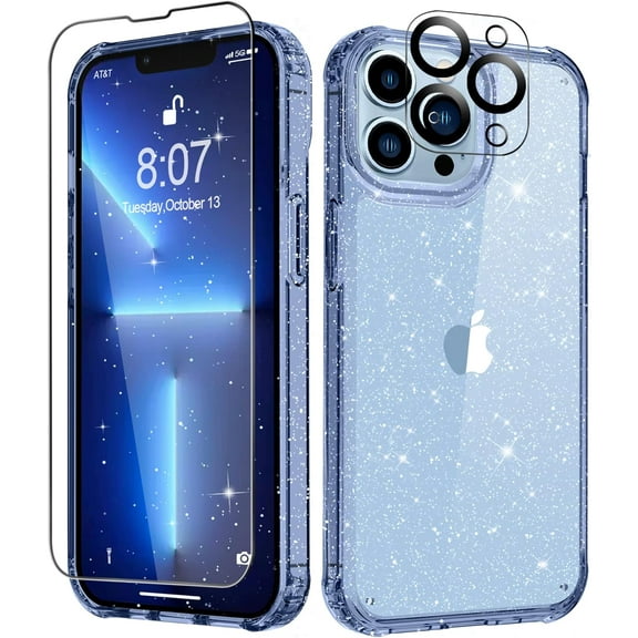 for iPhone 13 Pro Case with Screen Protector   Camera Lens Protector, Clear Glitter Crystal Women Girls Protective Shockproof Phone Case, Slim for iPhone 13 Pro Cover 6.1 inch - Pink