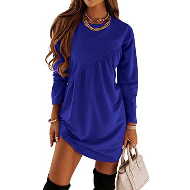 Vestido de corte regular con cuello redondo, vestido túnica de manga larga para mujer, vestido túnica de manga larga, vestido mini holgado con volantes, confeccionado a la perfección