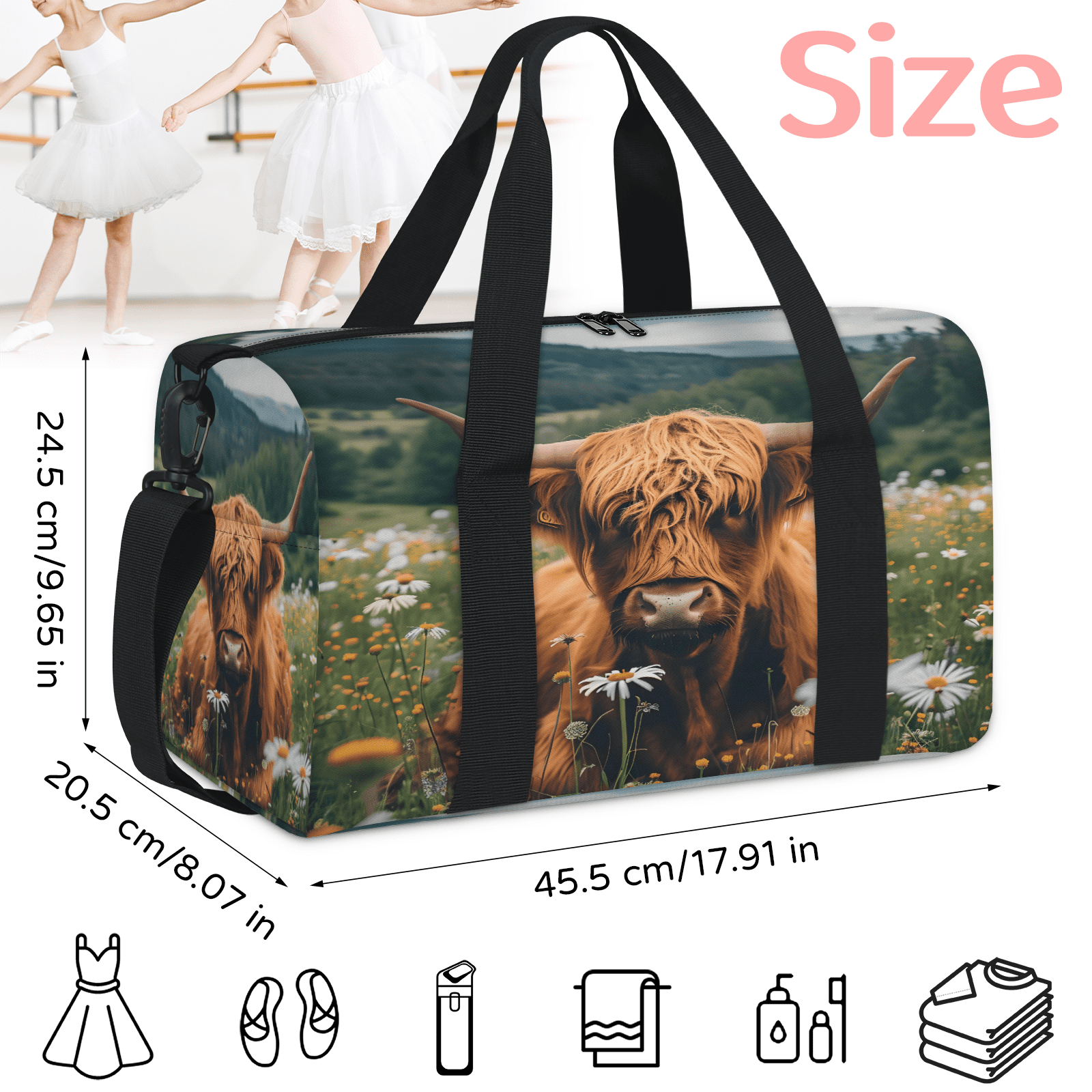 Herdesigns Highland Cow Spring Floral Gym Bag for Women, Duffle Bag for Travel Sport, Lightweight Waterproof Carry on Weekender Overnight Dance Yoga Workout Bags