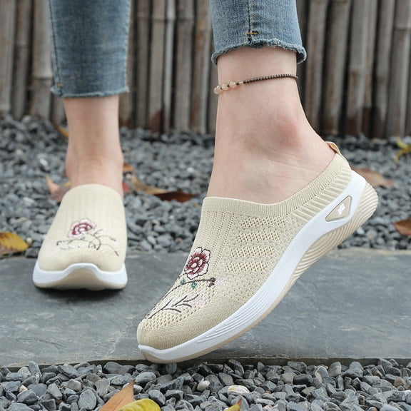 YOUYEDIAN Orthopedic Dress Shoes for Women Arch Support Running Shoes Wide Non Slip Slip on Work Shoes Knitted Mesh Stretch Comfort 2026 New Orthopedic Shoes (Beige)