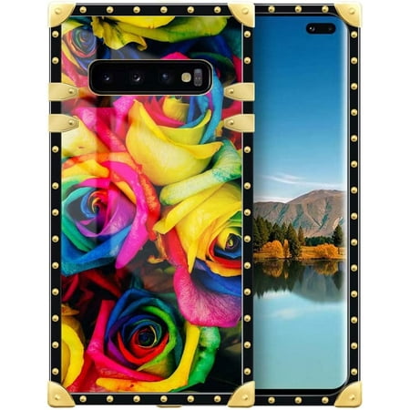 Compatible with Case for Samsung Galaxy S10 Plus, J Colorful Rose Designer Square Case Luxury Soft TPU Shiny Shockproof Protective Metal Decoration Cover Case