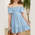 thumbnail image 2 of Mlqidk Girls Bow Tie Back Dress Ruffle Sleeve Dress A-Line Swing Holiday Midi Dresses Elegant Square Neck Sundress Kids Light Blue 8-9Y, 2 of 6