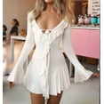 thumbnail image 4 of Women'S Long Sleeve V-Neck Dress Off Shoulder Ruffle Tiered Flowy Bodycon Mini Dresses White M, 4 of 10