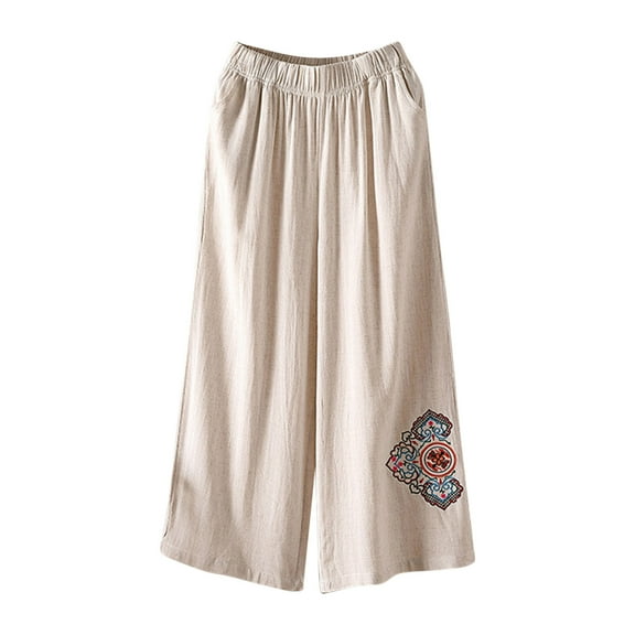 Edvintorg Women Pants Casual Summer Women's Wide Leg Pants Fashion High-Waisted Pattern Straight Trousers Plain Cotton and Nine Points Pants Beige M
