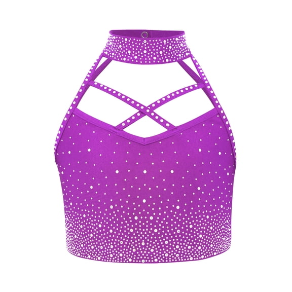 Haitryli Girls Sparkle Rhinestone Crop Top Halter Neck Sleeveless Vest For Gymnastics Ballet Performance Purple 8