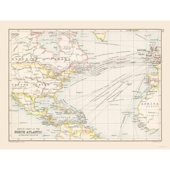 Historic Map - North Atlantic Chart - Bartholomew 1892 - 30.36 x 23 - Vintage Wall Art