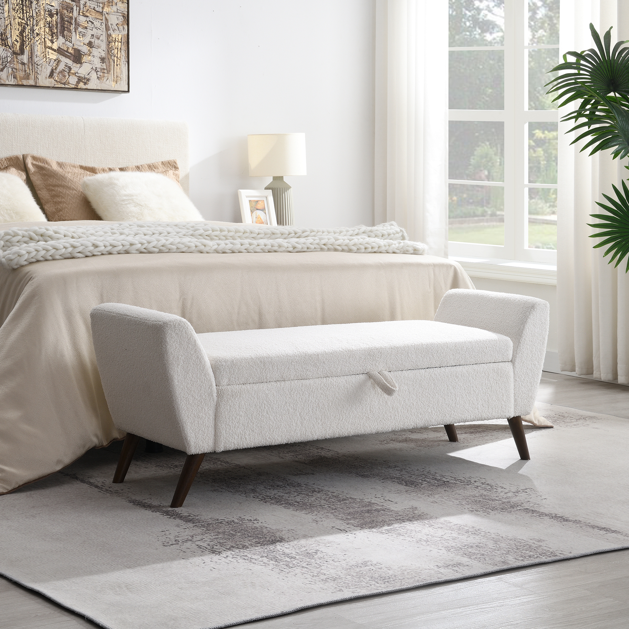 HOQBN 60" Modern Storage Bench with Mid-Centruy Wood Legs,Bench with Storage for Living Room, Bedroom Cream