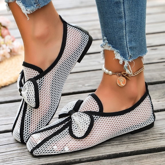 Square Toe Bowknot Comfortable Women's Casual & Dress Shoes Daily Wear Spring Summer Plus Size Office Work White 7.5
