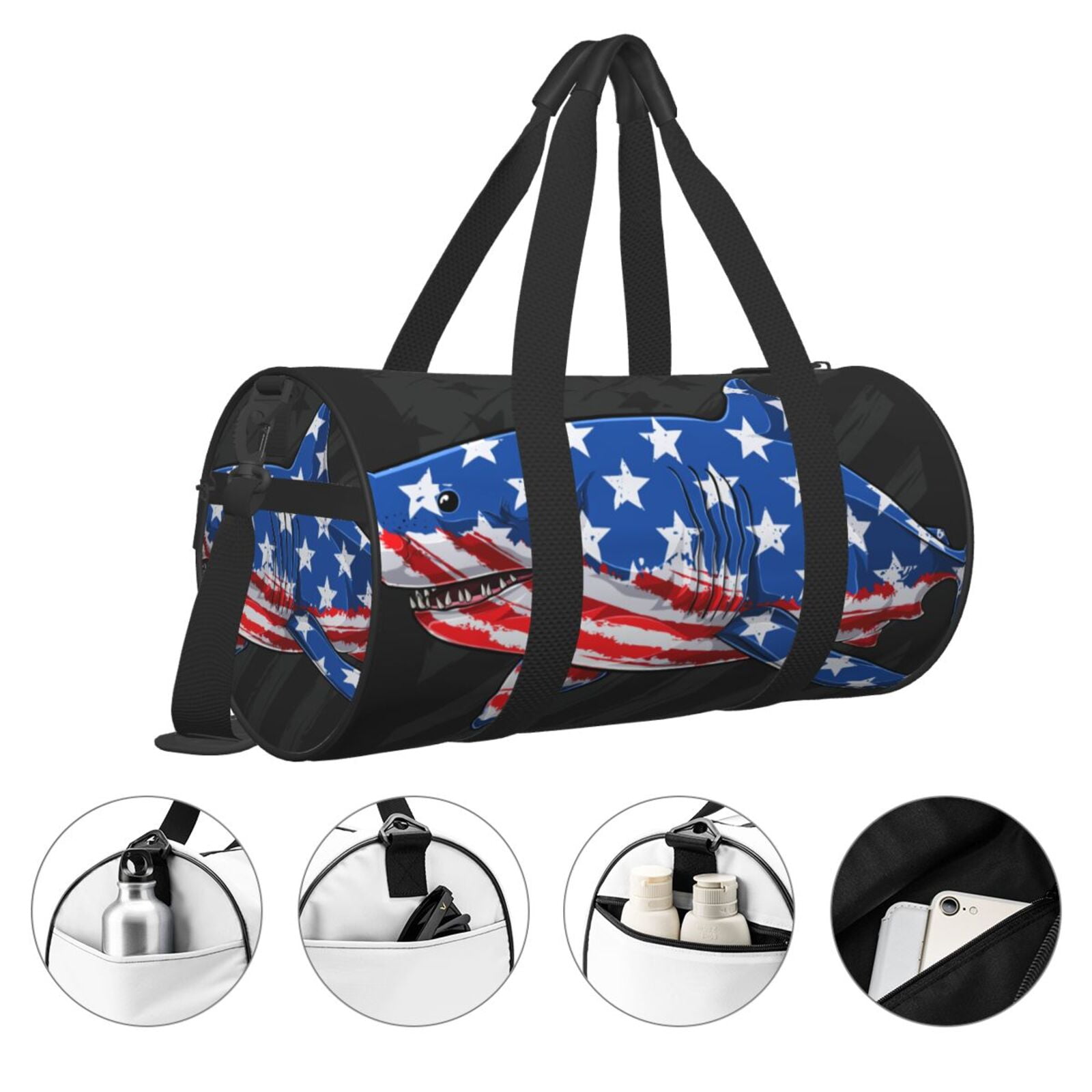 Vsdgher Shark With USA Flag 45L Foldable Duffel Bag, Sports Gym Bag,Overnight Bag, Portable Weekender Bag for Airplanes