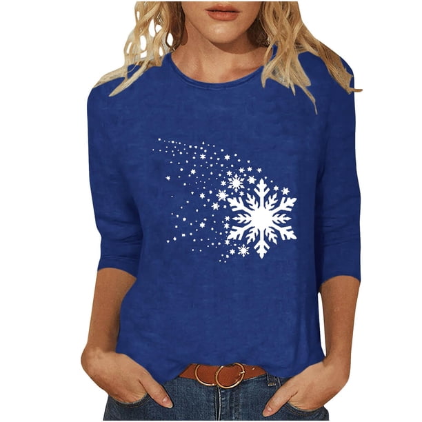 Camisetas de Manga Larga de las Mujeres Imprimir Navidad Cuello Redondo 3/4 Manga Suéter, Top Casual para las Vacaciones