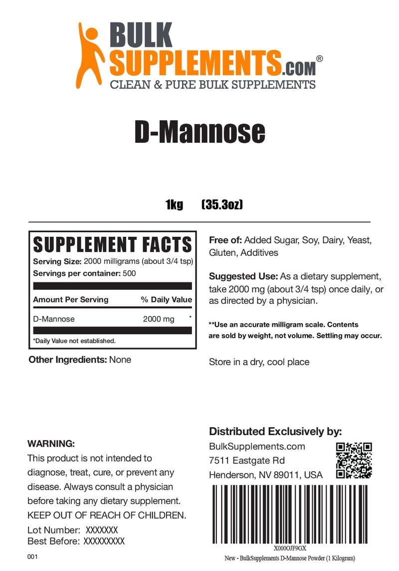 BulkSupplements D-Mannose Powder - D-Mannose Supplement, Dietary Supplement - Unflavored, 2g per Serving, 1kg (2.2 lbs)