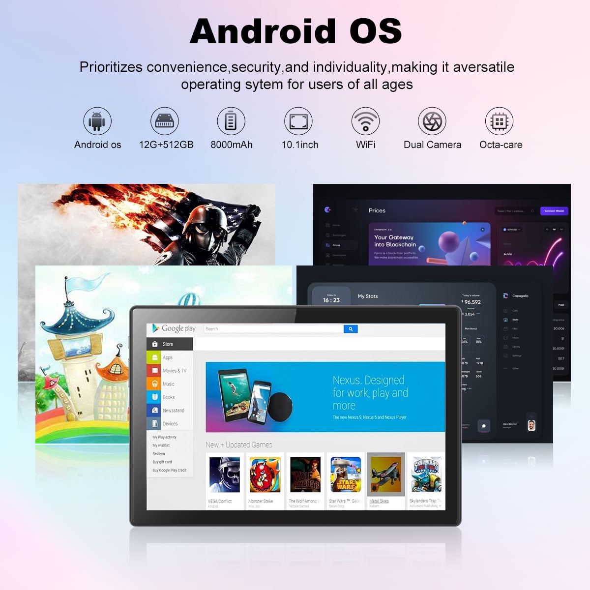 CRELANDER Android Tablet 10.1 Inch with SIM Card Slot 4G LTE Calling,12GB+512GB, 8000mAh Battery, Dual Camera,Bluetooth/WiFi, Bundle with Keyboard, Case,Mouse & Stylus (Grey Black)