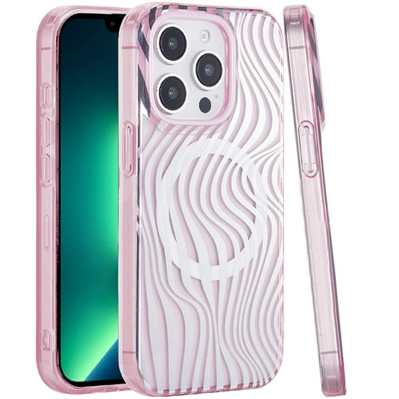 For iPhone 13 Pro Max [Magnetic Circle] Double Layer Design IMD TPU Case - Wave Pink Zebra Stripes