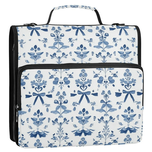 Small Blue Flowers and Bowknots Binder Bag with Shoulder Strap 3 Ring Zipper Binder File Folder Document Storage
