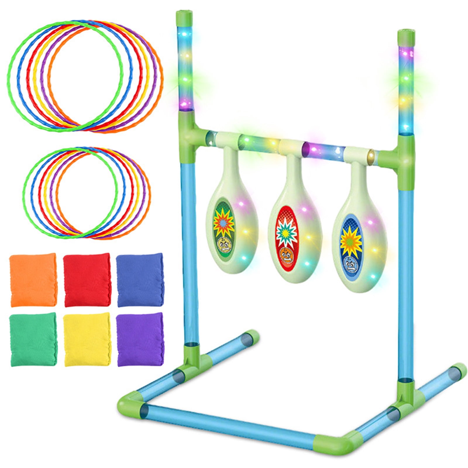 Indoor Outdoor Beanbag Throwing Game Stand with Lights, 2 in 1 Two Player Competitive Throwing and Ring Toss Set, LED Light Up for Night Parties