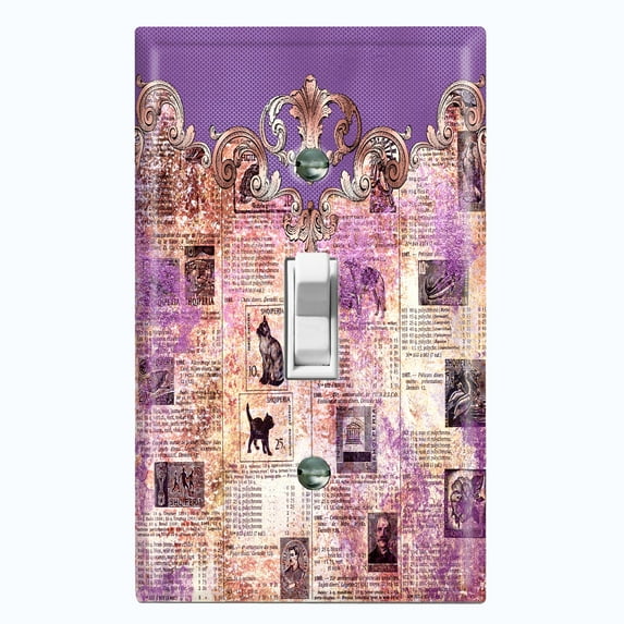 Metal Light Switch Plate Cover Elegant Purple Cat Newspaper Frame Damask DAM071