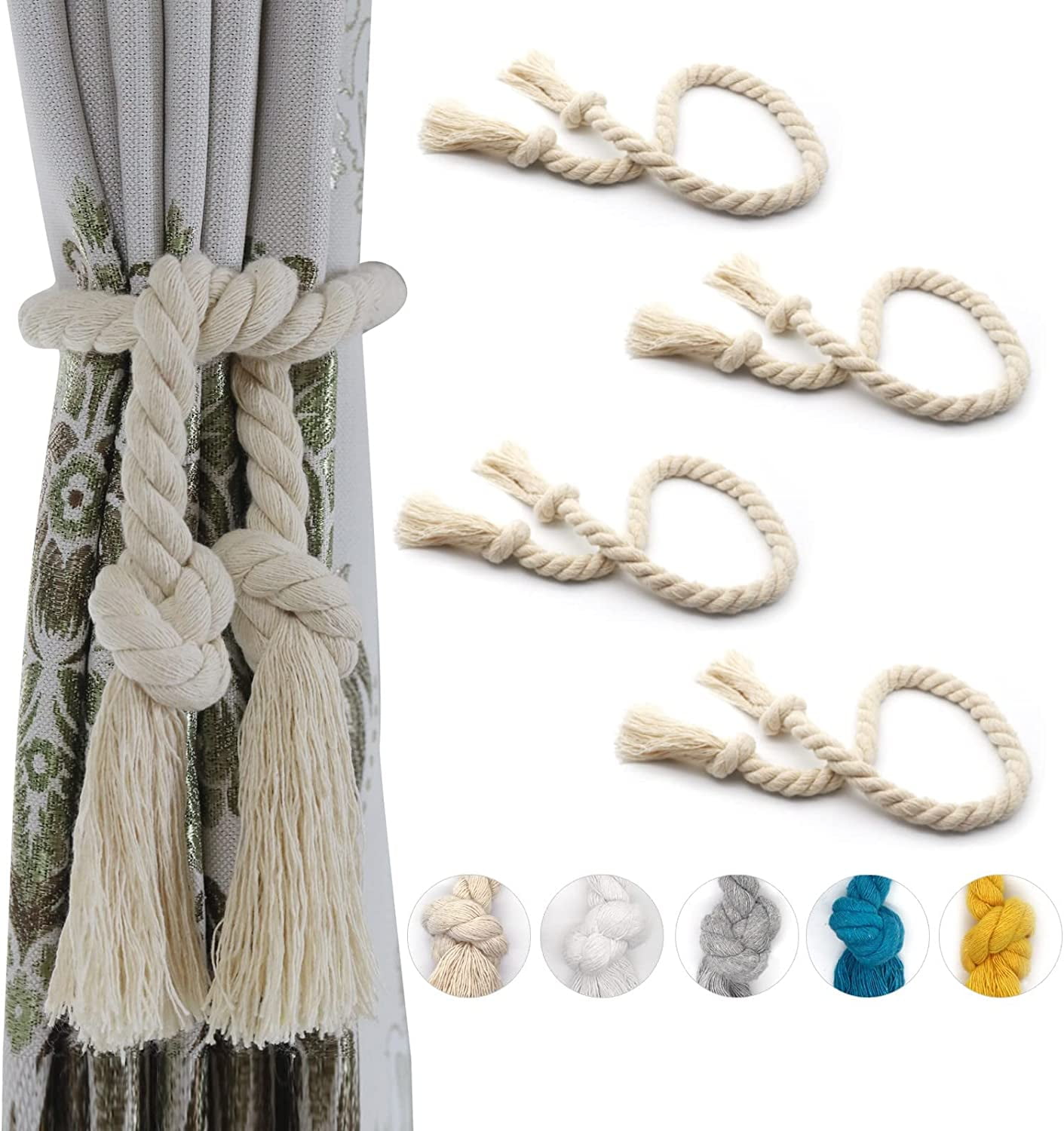 4 Pack Rope Curtain Tiebacks, Natural Cotton Curtain Holdbacks, Outdoor