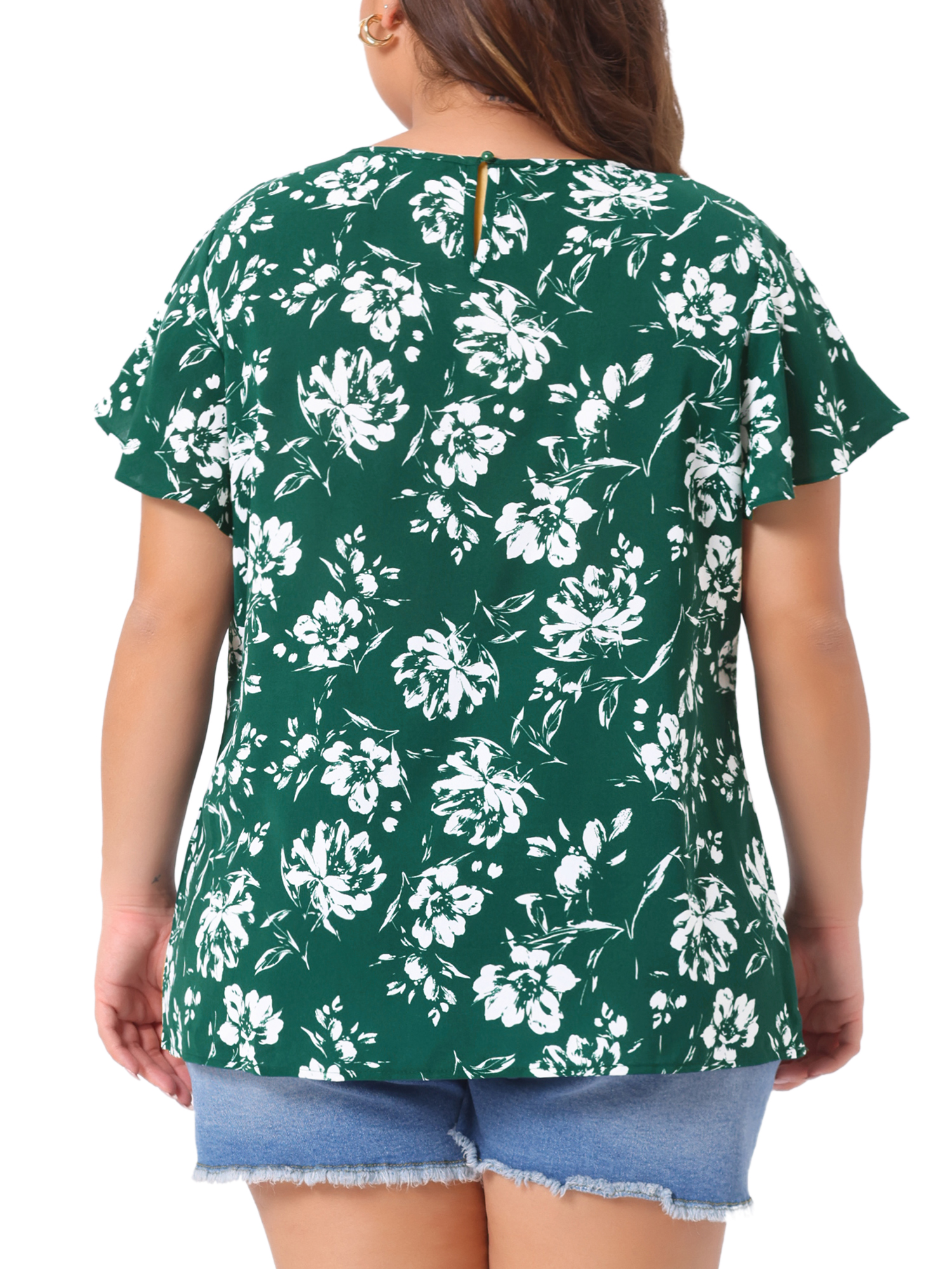 Unique Bargains Women's Plus Size Flared Sleeves Lace Panel Floral Tee 2X Green