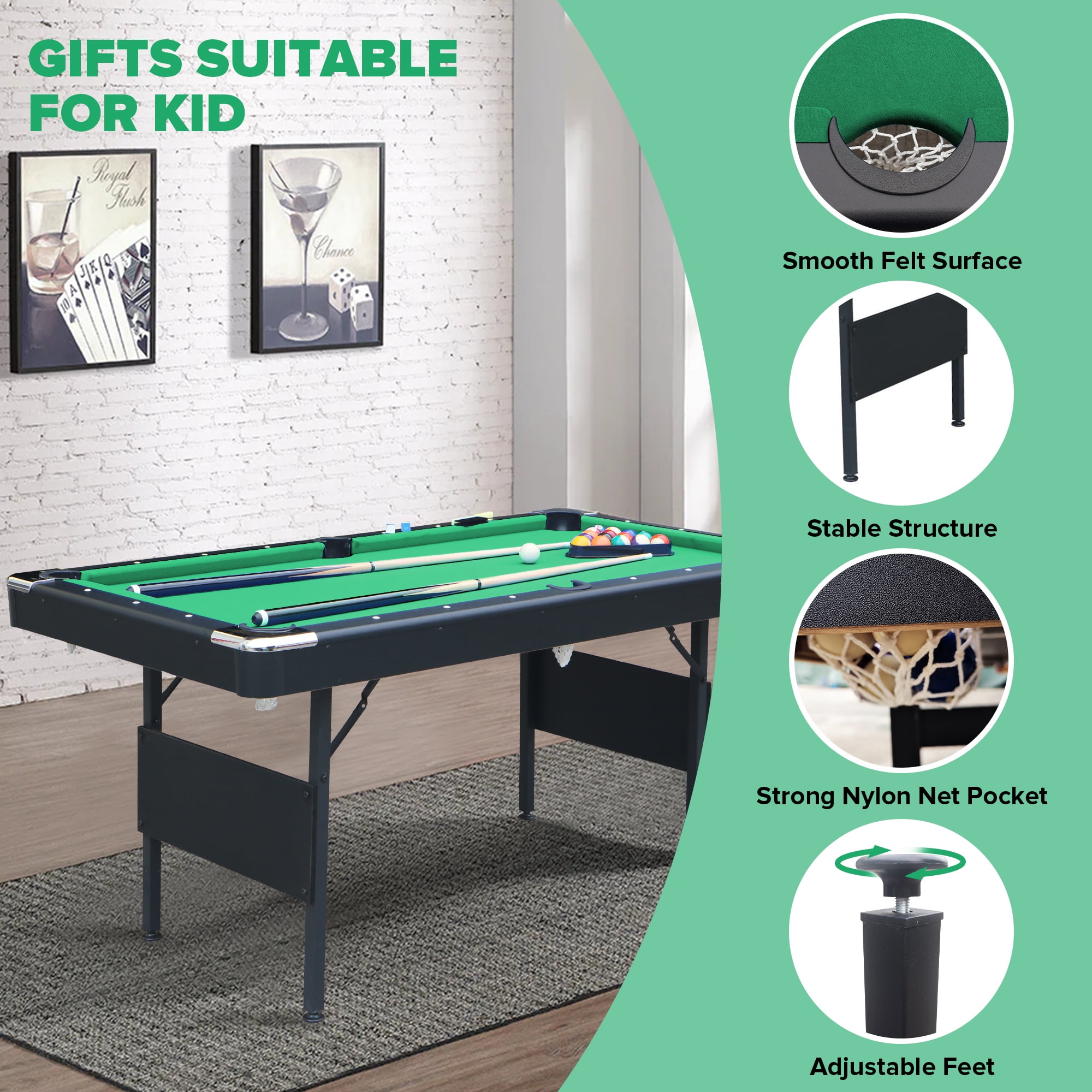 Miniyam 5.5ft Folding Pool Table, Portable Billiards Game Table with Accessories for Families, Green