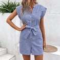 thumbnail image 3 of Morttic Women's Striped Romper with Flutter Sleeves – V-Neck Button Front Belted Waist with Pockets Casual Summer Daily Blue，S, 3 of 6