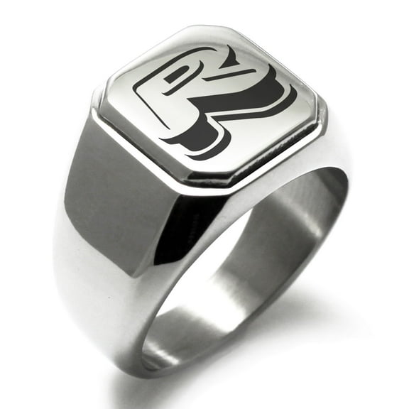 Tioneer Stainless Steel Letter R Initial 3D Monogram Engraved Engraved Square Flat Top Biker Style Polished Signet Ring