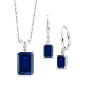 Gem Stone King 925 Sterling Silver Blue Created Sapphire Pendant and Earrings Jewelry Set For Women (13.02 Cttw, with 18 inch Silver Chain)