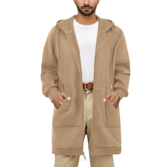 LNWUY Chandails à Capuche Zippés pour Hommes Grande Taille Style Mi-Long Tunique à Manches Longues Chandail en Molleton Long Veste à Capuche en Molleton avec Poches Jaune P
