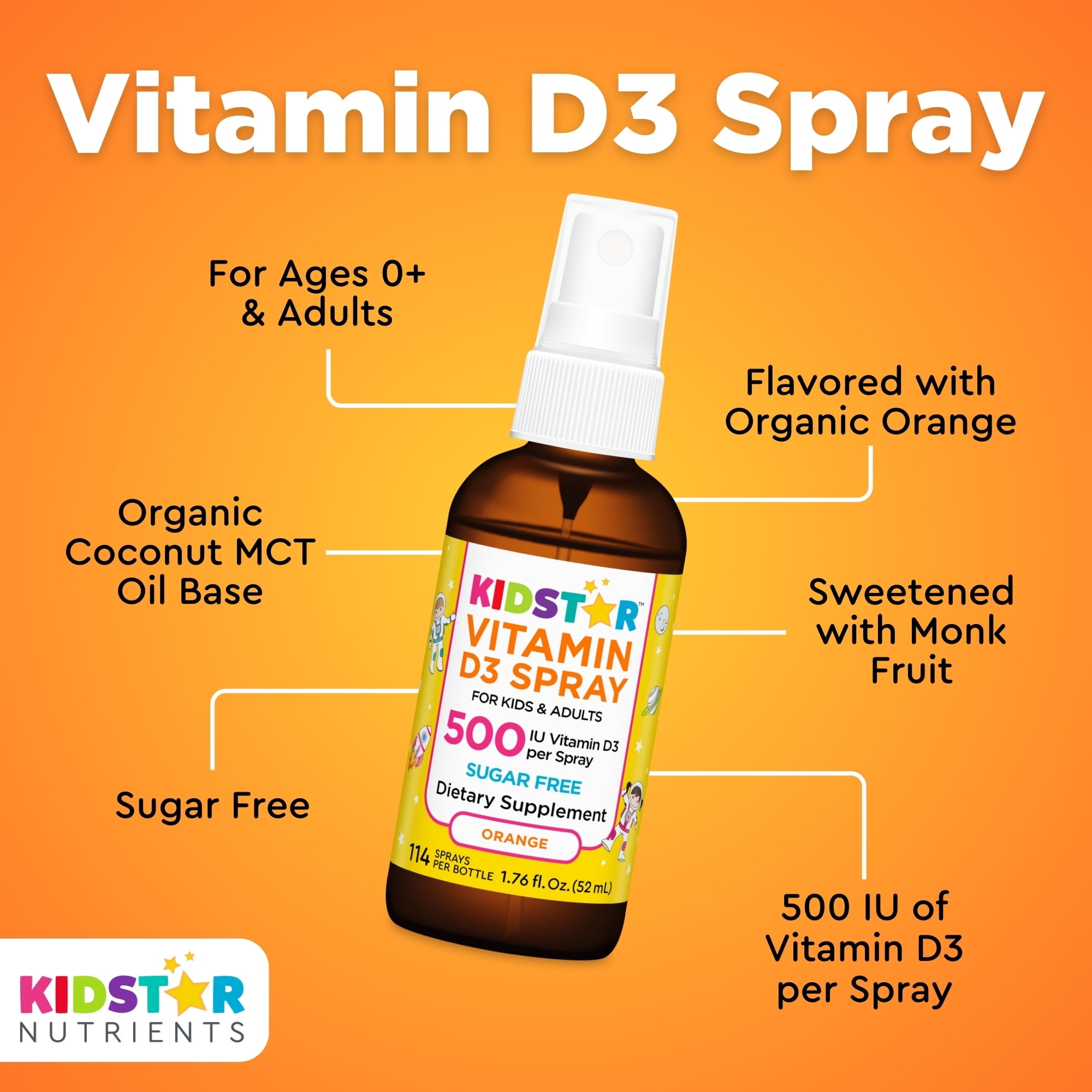 KidStar Nutrients Vitamin D3 Spray Dietary Supplement, Orange, 500 IU Per Spray, Sugar Free