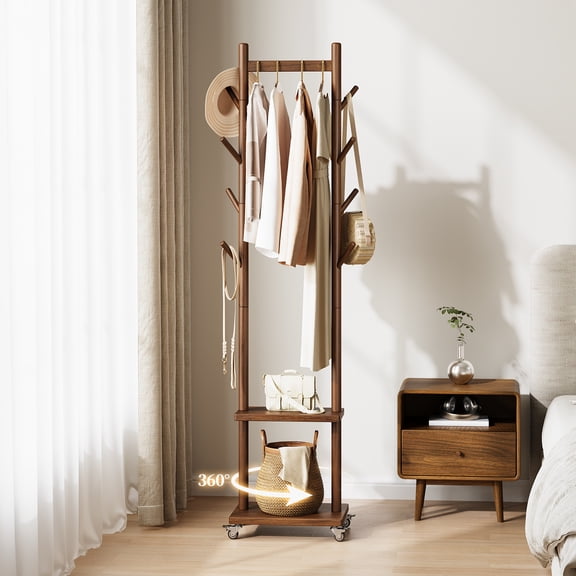 Solid Wood Coat Rack Freestanding, Rolling Clothes Rack with Wheels, Clothing Rack with 8 Hooks & Shelevs, Clothing Racks for Hanging Clothes,Walnut