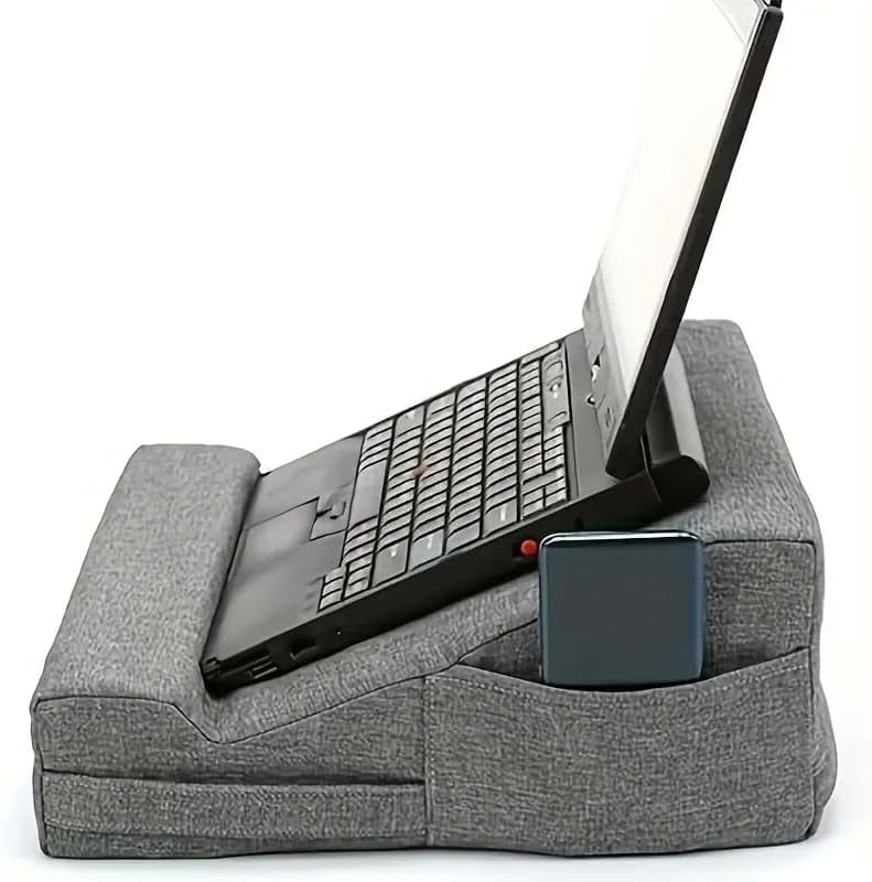 Ergonomic Laptop Lap Desk with Pillow & Storage Pocket - Grey Fabric Wedge Cushion for Notebook, Tablet, Bed, Couch (12.6 x 12.6 x 5.5 Inch), Portable Laptop Stand with Airflow
