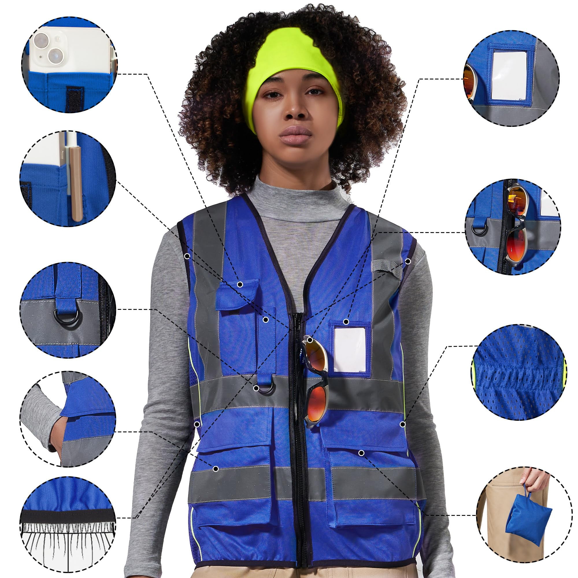 A-SAFETY High Vis Safety Vest for Women - Reflective Strips, Multi-Pockets, Zipper Closure