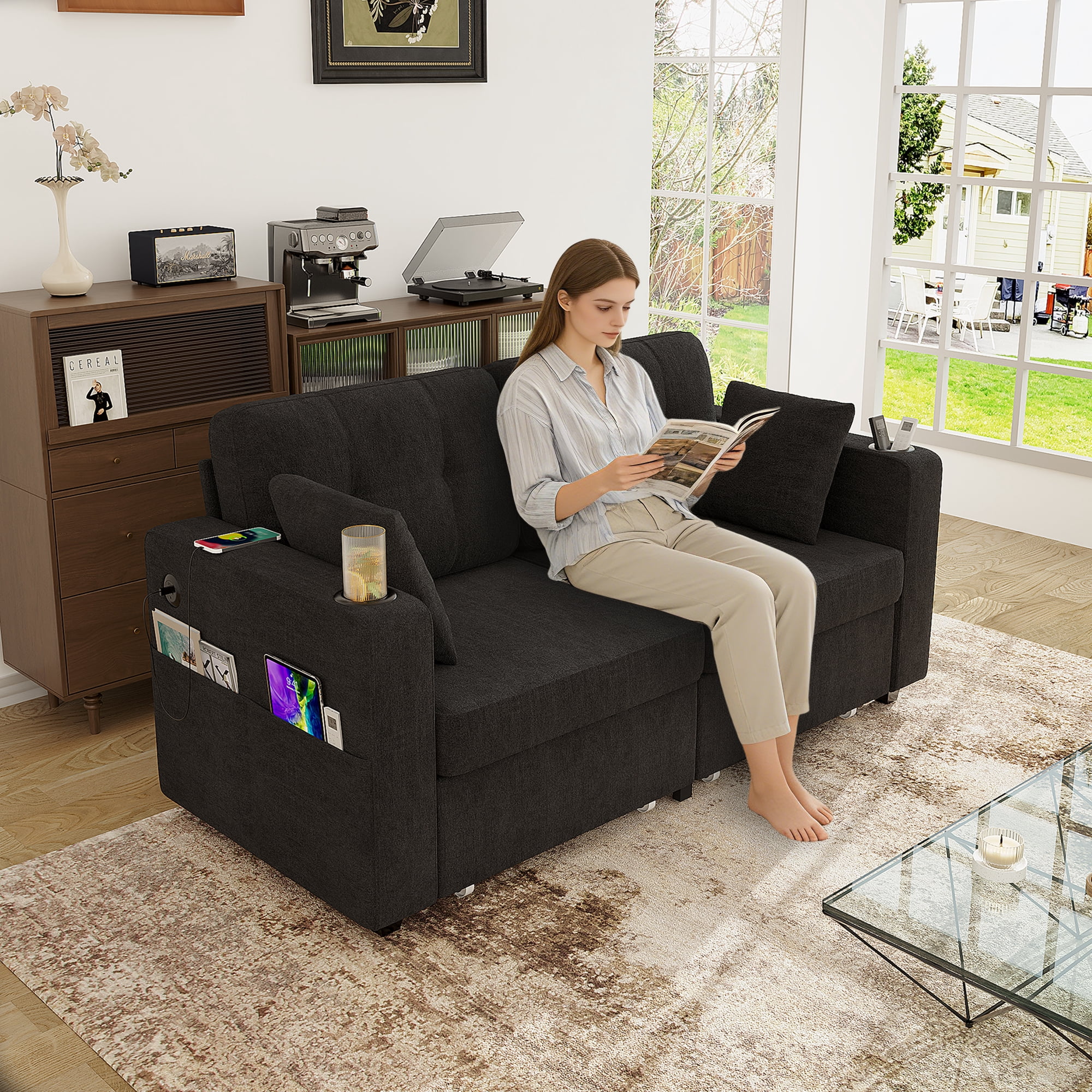 68" Chenille Two Seater Couch, Living Room Loveseat with Usb Charging, Upholstered Loveseat with Storage for Living Room, Black