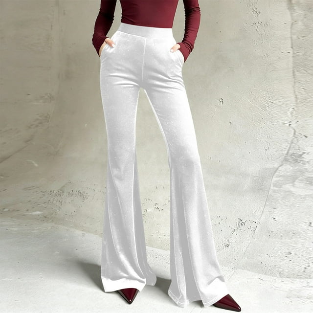 Pincandy Women's Solid Color Velour Pants - Elastic Waist, Loose Flared Wide Leg Fit with Pockets, Comfortable for Loungewear & Casual Activities