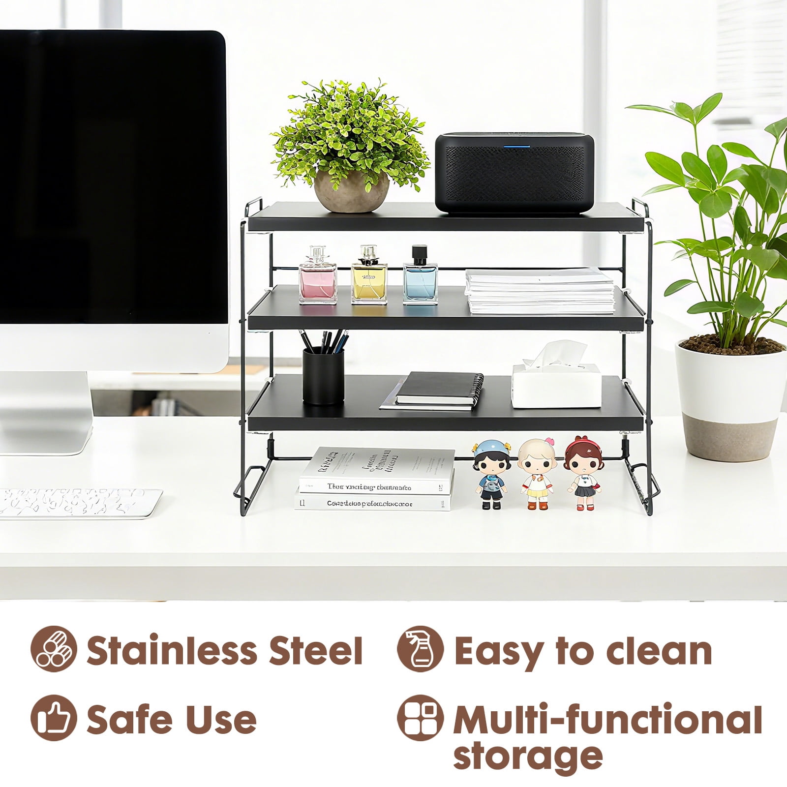 YOYTOO Desk Shelf Organizer, 3 Tier Desktop Organizers Storage Shelves Tabletop Bookshelf for Home Office, Black