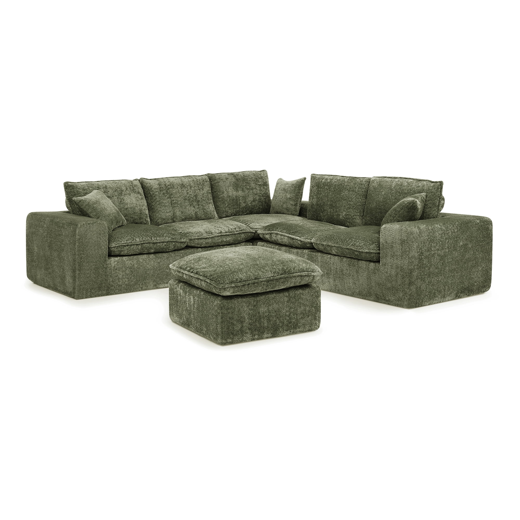 107" Modular 6 Seats Sectional Sofa Boucle Cloud Couch L Shape with Ottoman Deep Seat Comfy Living Room Sofa with Pillows, No Assembly, Green