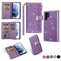 Feishell Zipper Wallet Case for Samsung Galaxy S25 Ultra,Bling Glitter Fashion PU Leather Magnetic Clasp Flip ID Credit Card Slots Purse Folio Kickstand Phone Cover with Wrist Strap,Purple