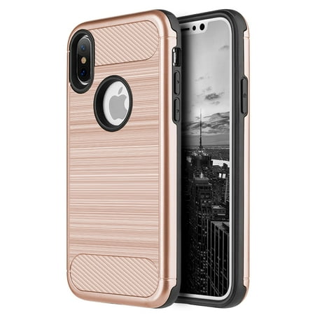 Tech Rubber - DreamWireless Carbon Tech Silk Dual Layer Hybrid Brushed Hard Plastic/Soft TPU Rubber Case Cover For Apple iPhone X XS 2017, Rose Gold/Black